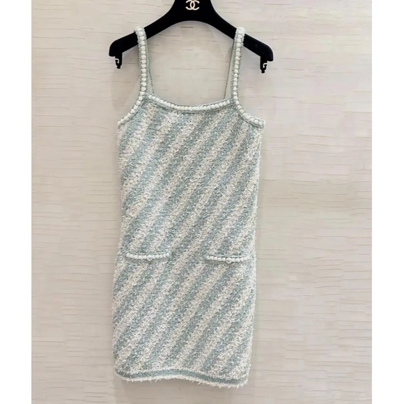 Designer Runway Striped Tweed Mint Green Mini Dress - Picture 1 of 10